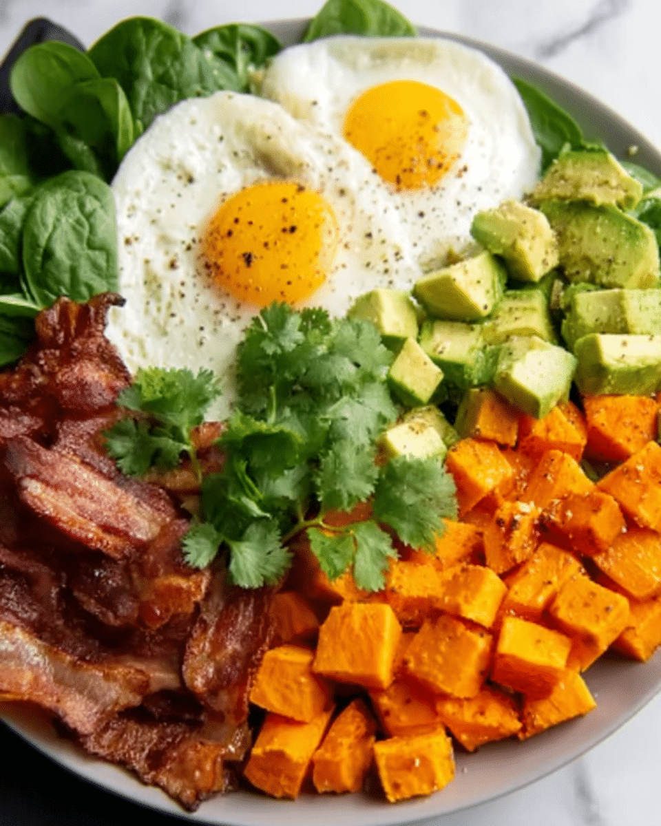 The image shows a colorful dish arranged in separate sections on a white plate placed on a white marbled surface. Starting from the top right, there are two sunny-side-up eggs with bright yellow yolks and slightly cooked whites, sprinkled with black pepper. To the right of the eggs, there are small cubes of green avocado with some black pepper sprinkled on top. Below the avocado, a large portion of orange sweet potato cubes fills the lower right part of the plate, and a few green cilantro leaves are on top. On the left side of the sweet potatoes, there are crispy strips of browned bacon. At the upper left edge of the plate, there is a small scatter of fresh green spinach leaves. The overall image is bright and fresh, with clear details and vibrant colors. Photo taken with an iphone --ar 4:5 --v 7
