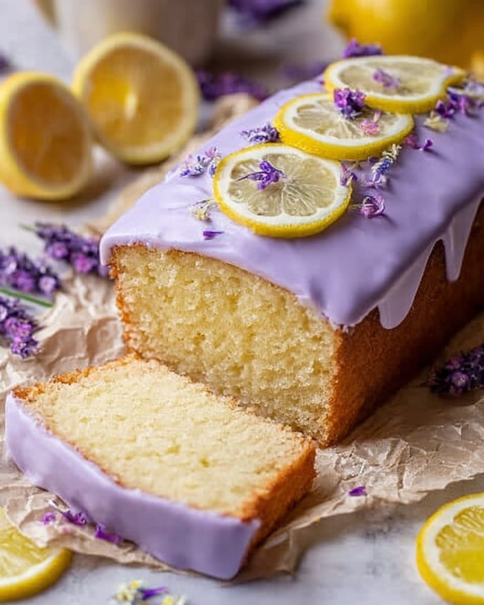 A loaf cake with a thick layer of light purple icing on top, decorated with round lemon slices and small purple flower sprigs. The cake itself is a soft pale yellow with a fine, moist crumb visible from the single slice cut and laid in front. The cake rests on crinkled parchment paper over a white marbled surface, with additional lemon slices and purple flowers scattered softly around. Photo taken with an iphone --ar 4:5 --v 7
