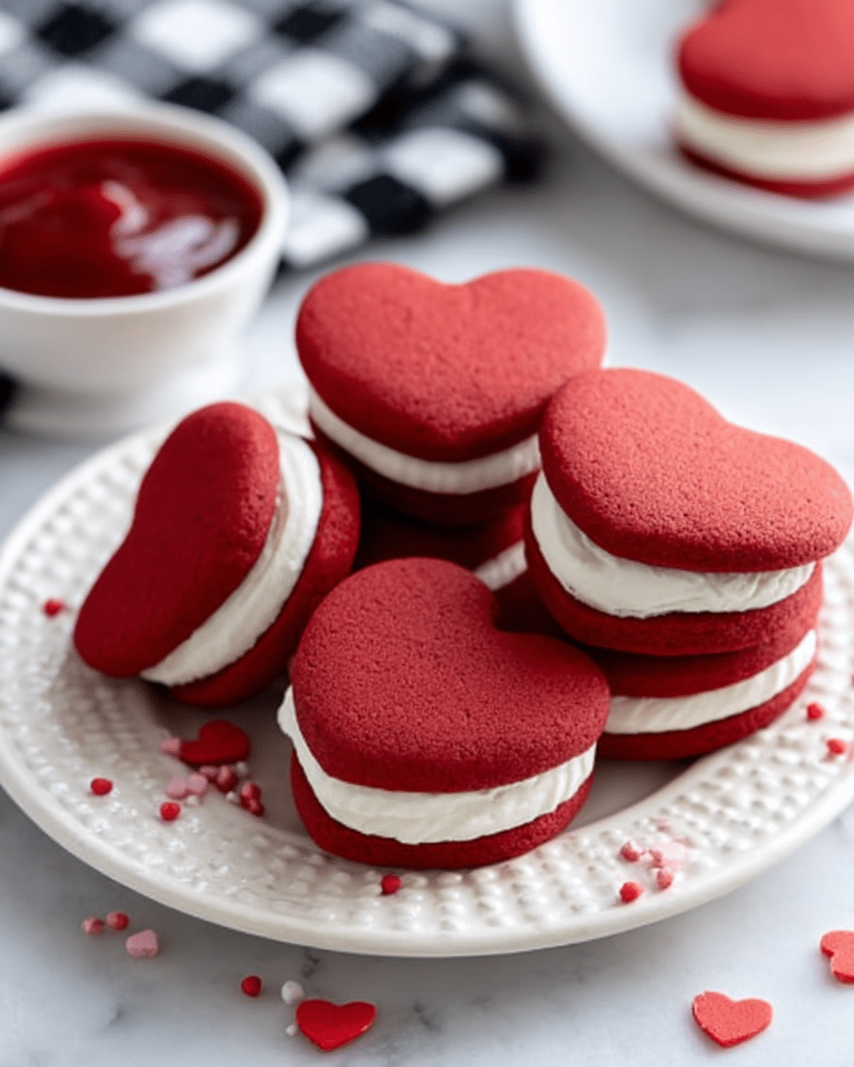 The image shows a white plate with a red floral pattern around the edge, holding six red velvet heart-shaped cookies with a smooth white cream filling in the middle, stacked in two layers. The cookies have a soft, velvety texture on the red outer layer and a thick creamy middle layer. In the background, there is a small white bowl filled with a red sauce and a white marbled surface under everything, with a black and white checkered cloth partially visible to one side. Small red heart-shaped sprinkles are scattered on the white marbled surface near the plate. Photo taken with an iphone --ar 4:5 --v 7