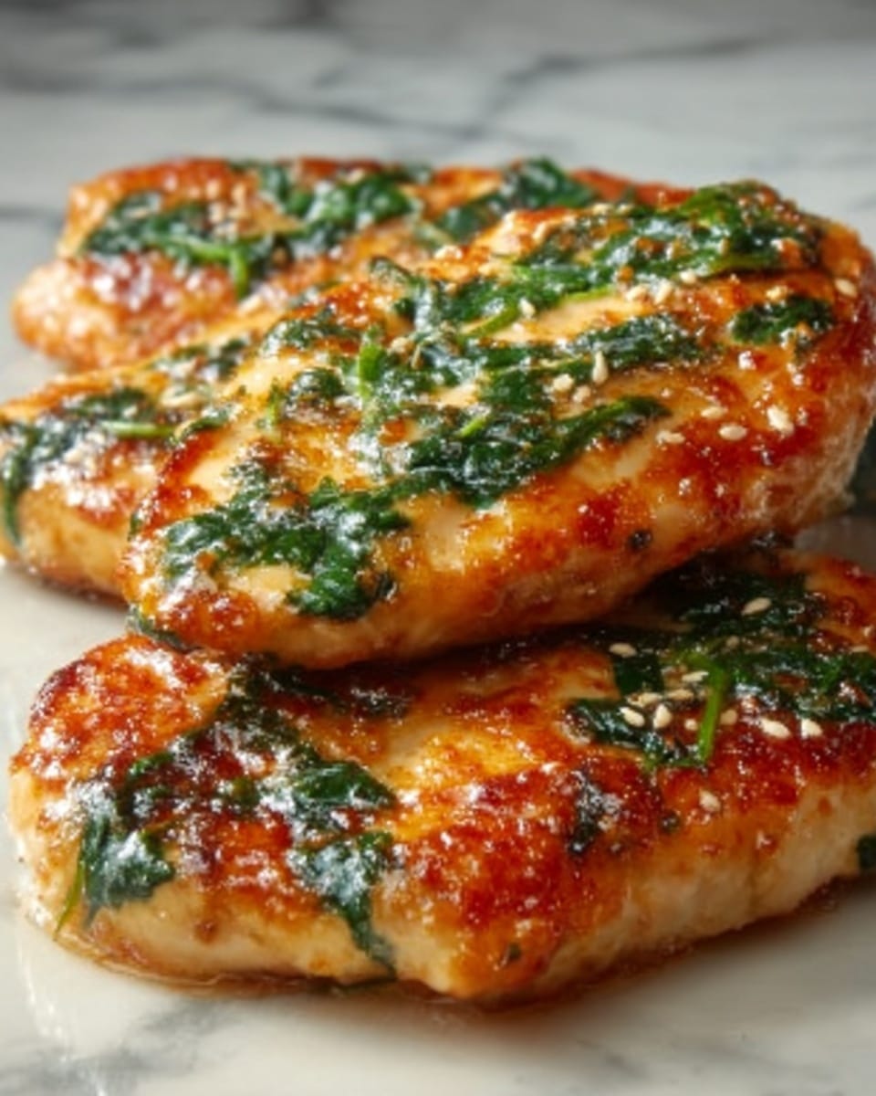 The image shows two golden-brown chicken breasts stacked slightly on top of each other, cooked with small green spinach pieces mixed throughout. The chicken looks juicy with a shiny glaze and a few browned spots, creating a crispy texture on the outside. The uneven surface of the chicken gives a sense of thickness and tenderness. The background has a white marbled texture, making the chicken stand out clearly. photo taken with an iphone --ar 4:5 --v 7