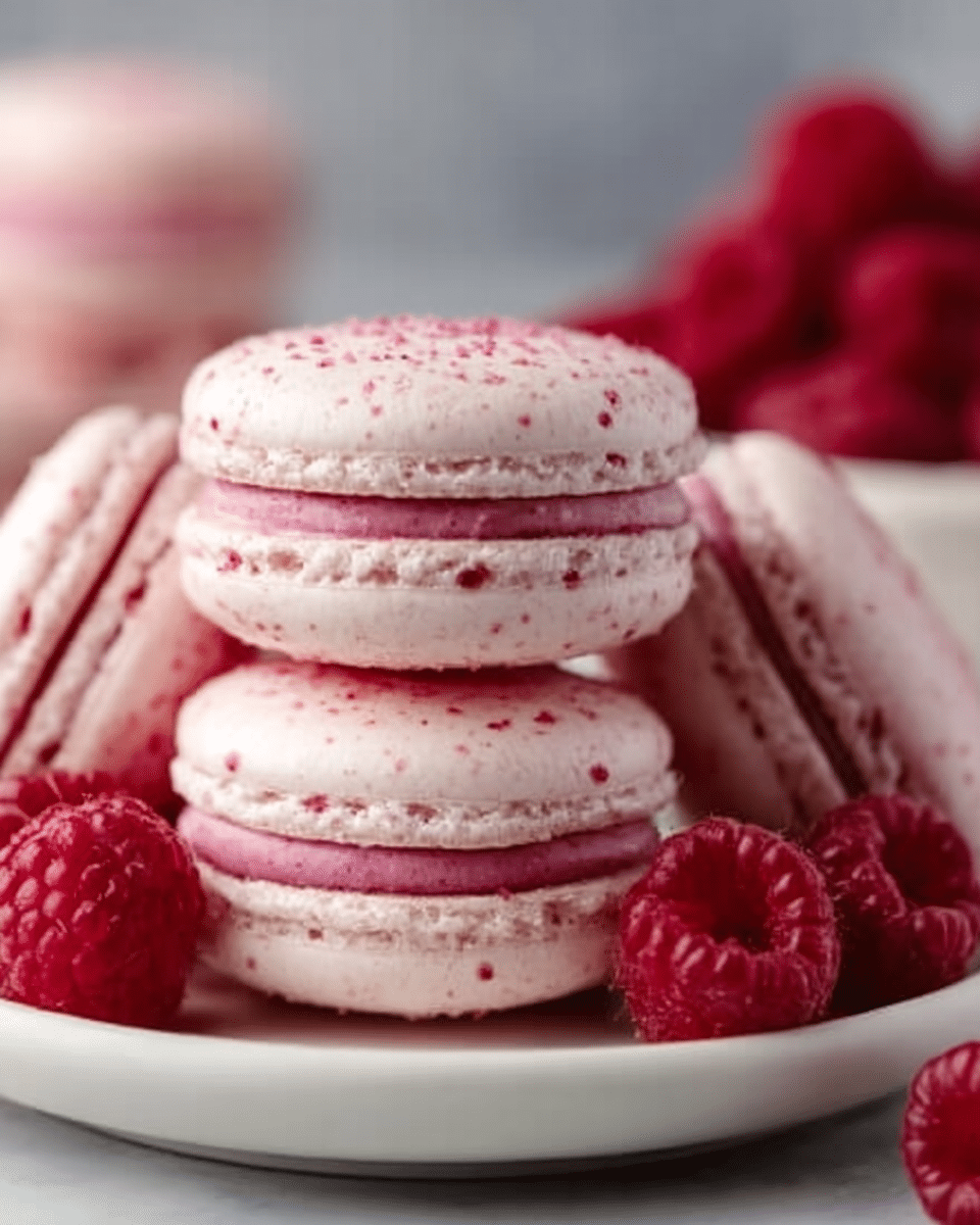 The image shows three light pink macarons with tiny red speckles on their smooth tops, stacked on a white plate. Each macaron has a thick, bright pink filling between two delicate shells. Around the macarons, there are fresh, bright red raspberries adding a fresh touch. The background features a soft white marbled texture with a blurry hint of more red raspberries in the distance. The overall look is fresh, colorful, and neat. photo taken with an iphone --ar 4:5 --v 7