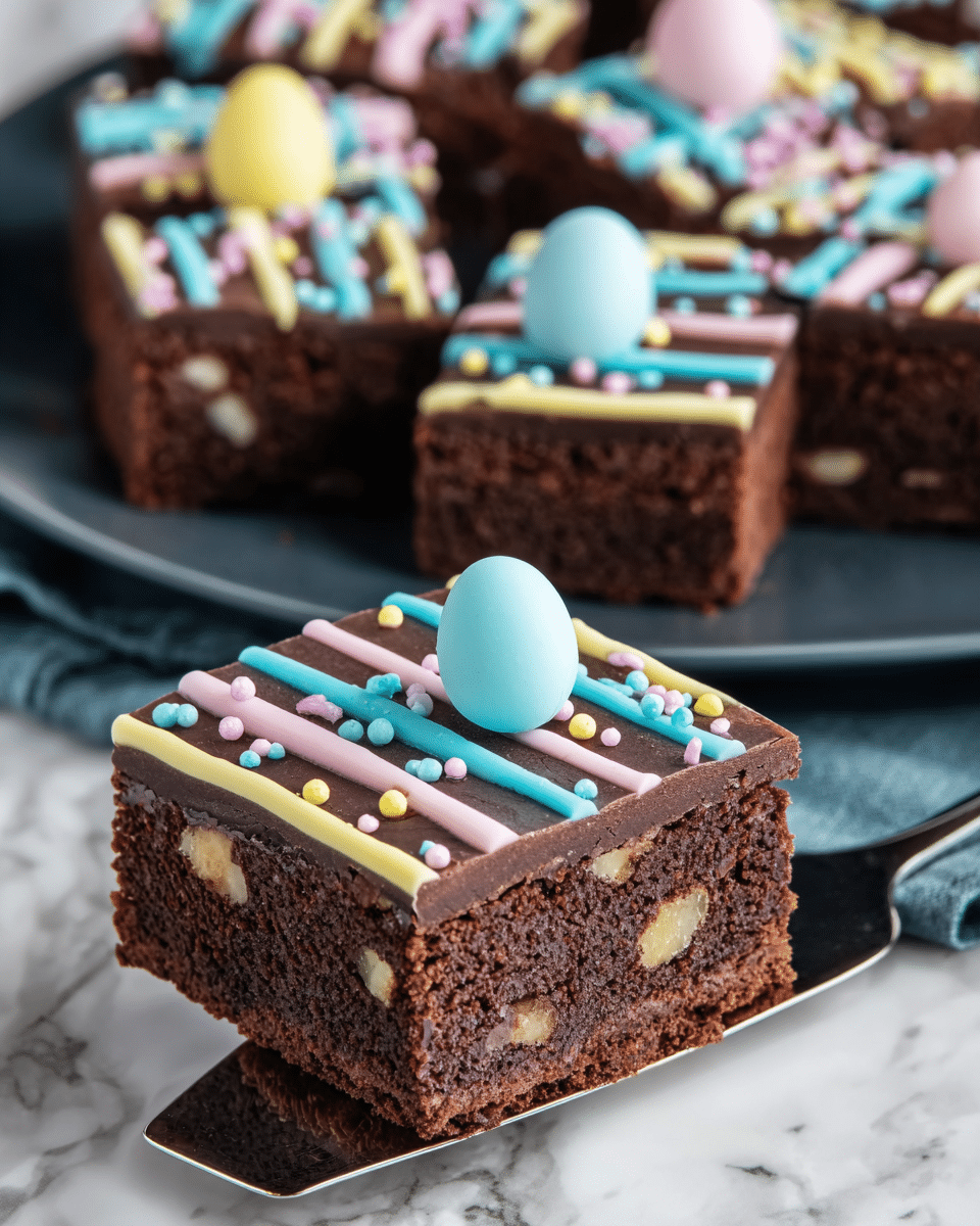 A square chocolate brownie with one thick layer of moist, dark brown cake that has visible nut pieces inside. The top is a smooth dark chocolate layer decorated with thin icing stripes in pastel blue, pink, and yellow, running horizontally across. Colorful small round sprinkles are scattered on top, with a pastel blue egg-shaped candy placed in the center. The brownie is held by a silver spatula above a white plate, which shows more brownies decorated the same way. The surface beneath the plate has a white marbled texture. Photo taken with an iphone --ar 4:5 --v 7