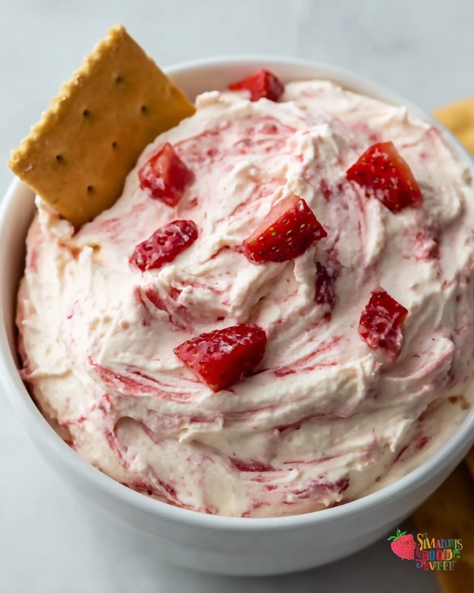 A close-up view of a white bowl filled with a creamy, whipped dessert that is light pink with red strawberry swirls and small chunks of fresh red strawberries scattered on top. The texture is smooth and airy, showing gentle folds and peaks. A tan, rectangular graham cracker is partially dipped into the dessert on the right side. The bowl sits on a white marbled surface. photo taken with an iphone --ar 4:5 --v 7