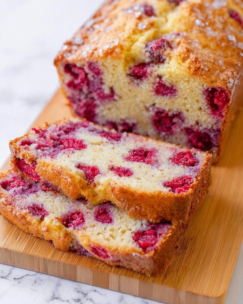 The image shows a loaf of raspberry bread sliced on a wooden cutting board. The bread has a golden brown crust with a soft, light beige inside filled with bright red raspberry pieces scattered evenly throughout. The texture of the bread looks moist and crumbly with some sugar sprinkled on top, giving it a slightly shiny appearance. The cutting board sits on a white marbled surface, and the bread slices are arranged close together, with crumbs scattered around. Photo taken with an iphone --ar 4:5 --v 7
