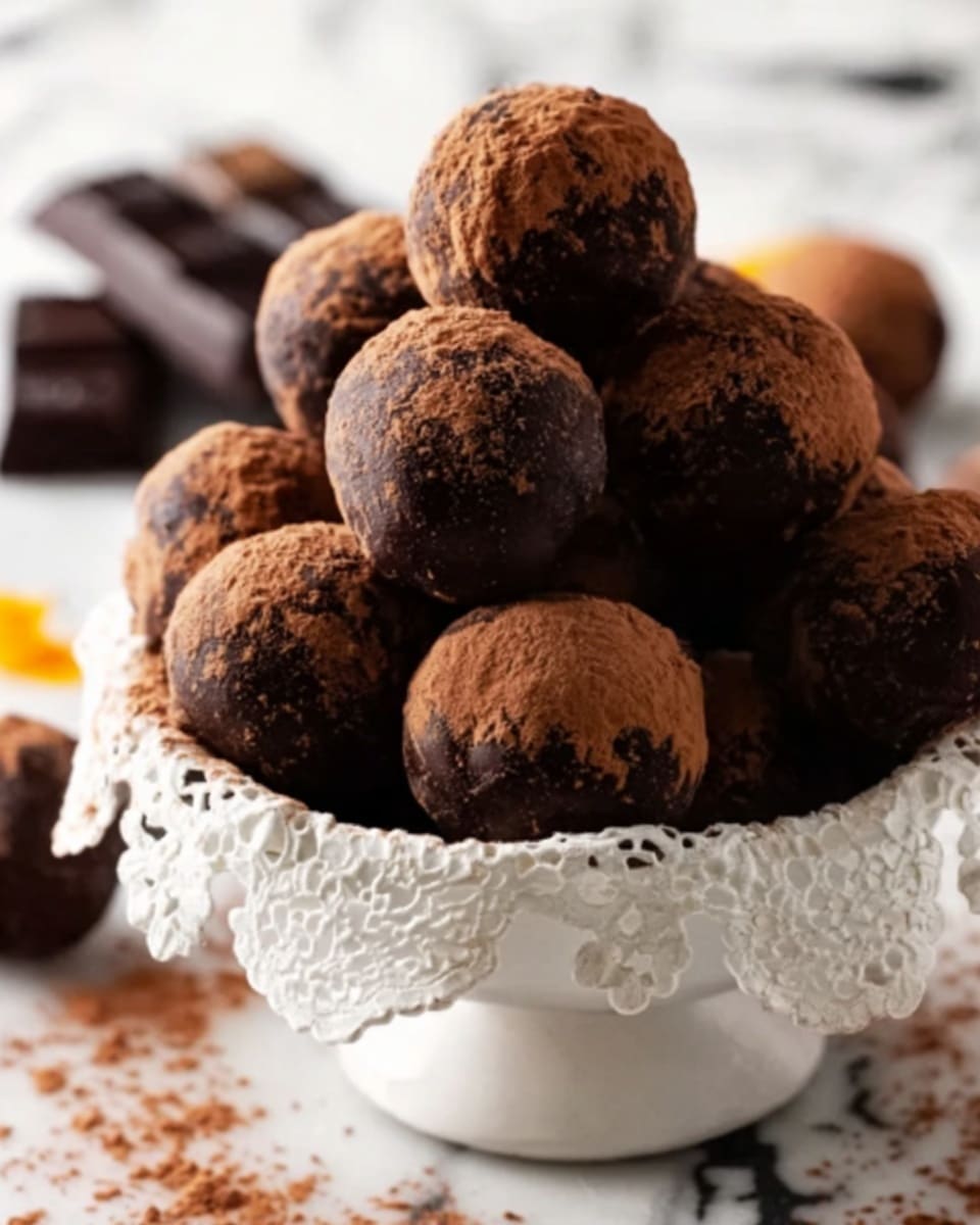 A white ceramic bowl filled with round chocolate truffles, each covered in a smooth, dark chocolate layer and sprinkled with a light dusting of cocoa powder. The truffles look rich and glossy, with some subtle texture from the cocoa powder on top. The bowl sits on a white marbled surface, and in the background, there are a few scattered chocolate pieces and orange zest, adding color and interest to the scene. Photo taken with an iphone --ar 4:5 --v 7