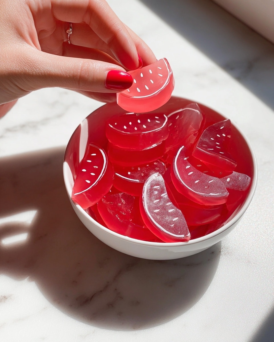 A white bowl is filled with many small red jelly pieces shaped like watermelon slices, each with tiny black seed-like dots and thin white curved lines near the edges. The jellies have a shiny, smooth texture and are stacked loosely inside the bowl. A woman's hand with bright red nail polish is gently holding one of the jelly slices above the bowl. The scene is set on a white marbled surface with sunlight casting soft shadows, showing the translucence and glossy shine of the red jelly pieces. photo taken with an iphone --ar 4:5 --v 7