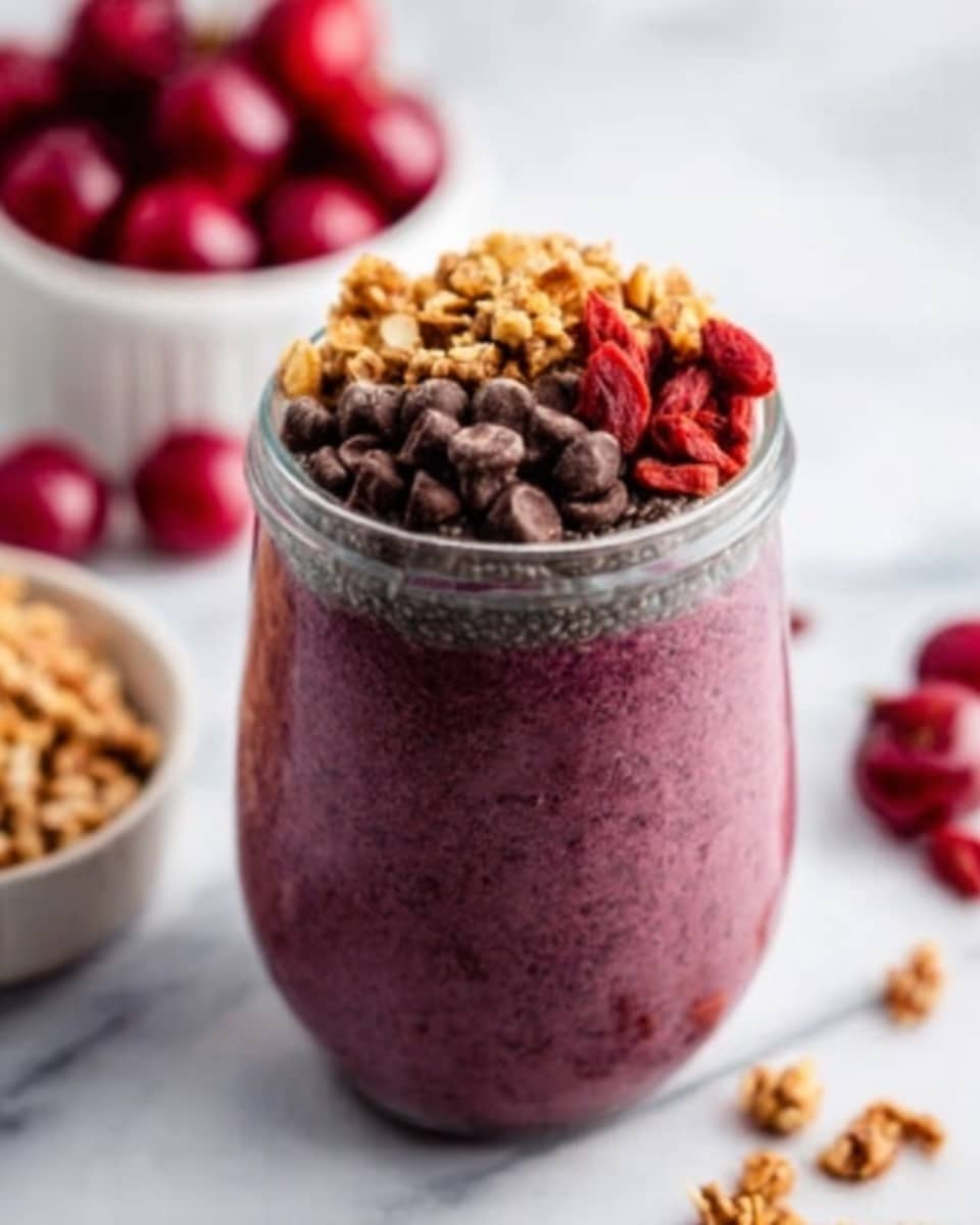 A small clear glass jar filled with a thick layer of purple chia pudding. On top, there are three distinct toppings arranged in neat sections: a light brown granola with small pieces, a few dark chocolate chips, and a cluster of red dried berries. The jar sits on a white marbled surface, with some granola pieces scattered near the bottom right. In the background, blurred, there is a white bowl filled with dark red cherries. Photo taken with an iphone --ar 4:5 --v 7