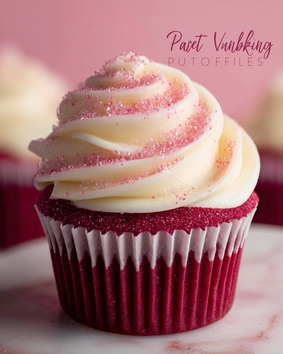 A close-up of a single pink velvet cupcake with three layers: the base layer is a rich deep pink cake wrapped in a white paper liner, the middle layer is smooth vanilla frosting piped in a tall, swirling rose shape with soft cream color, and the top layer is decorated with sparkling pink sugar sprinkles that glisten on the frosting edges. The cupcake is set against a white marbled texture background with a soft pink area diagonally behind. photo taken with an iphone --ar 4:5 --v 7