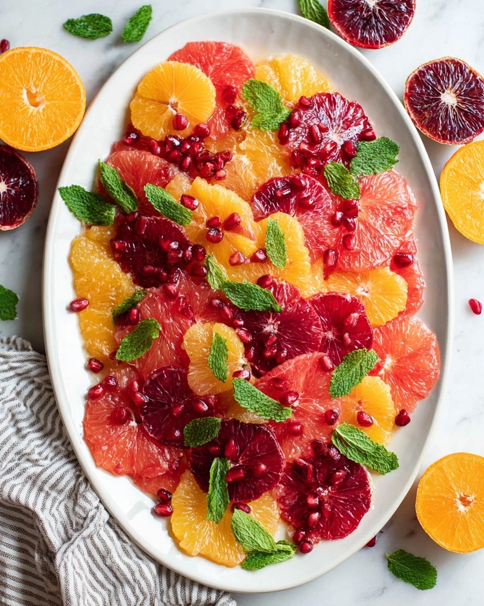 A large white oval plate holds a colorful citrus salad made of three layers of thinly sliced oranges, blood oranges, and pink grapefruits scattered evenly across the surface. Bright red pomegranate seeds are sprinkled on top, adding small shiny details, while fresh green mint leaves are placed between the slices in various spots, giving the dish a fresh and vibrant look. The plate is set on a white marbled texture with some mint sprigs and citrus wedges nearby, and a striped cloth is partially visible at the edge. Photo taken with an iphone --ar 4:5 --v 7