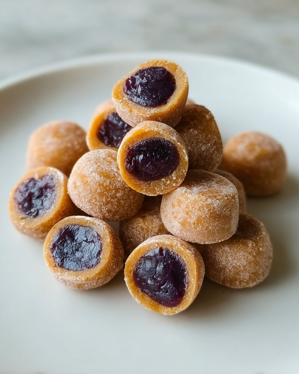 The image shows a pile of small round candies on a white plate sitting on a white marbled surface. Each candy has two layers: a thick outer layer that is light brown with a slightly rough texture, and a smaller inner core that is dark purple and glossy. The candies have a frosted look from a light dusting of powder on their surfaces. They are closely stacked, with some candies showing their purple centers facing up while others show the brown side. photo taken with an iphone --ar 4:5 --v 7