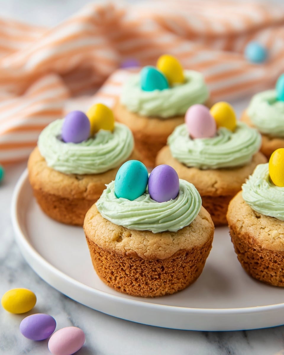 The image shows five cupcakes on a white round plate, each with one layer of golden-brown cake topped with a swirl of pale green frosting. On top of the frosting are three small, colorful candy eggs in purple, yellow, turquoise, and pink shades, arranged like a small nest. The cupcakes have a slightly cracked texture on their sides and tops. The plate is on a white marbled surface with a blurred striped cloth in soft peach and white colors nearby, and some candies scattered around in the background. Photo taken with an iphone --ar 4:5 --v 7