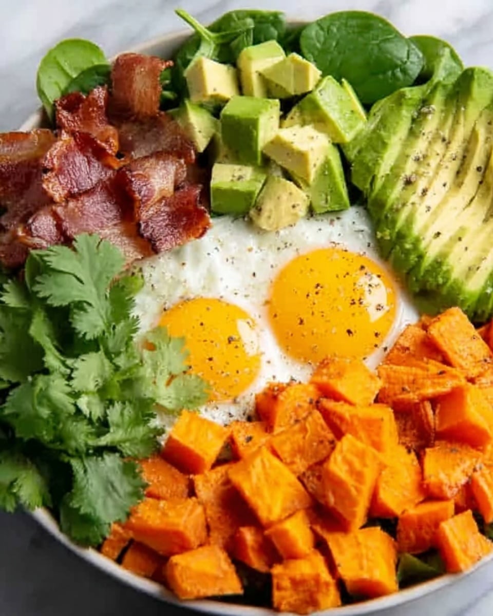 The image shows a close-up of a colorful breakfast bowl on a white plate. At the top, two sunny side-up eggs with bright yellow yolks and slightly crispy edges sit next to sliced avocado with a light green color and sprinkled with black pepper. Below the eggs and avocado, there are small cubes of roasted sweet potatoes with an orange color and a rough texture. To the left, crispy pieces of bacon with brown and red hues are placed beside a bunch of fresh green spinach leaves. The food sits on a white marbled surface, creating a bright and fresh look. Photo taken with an iphone --ar 4:5 --v 7