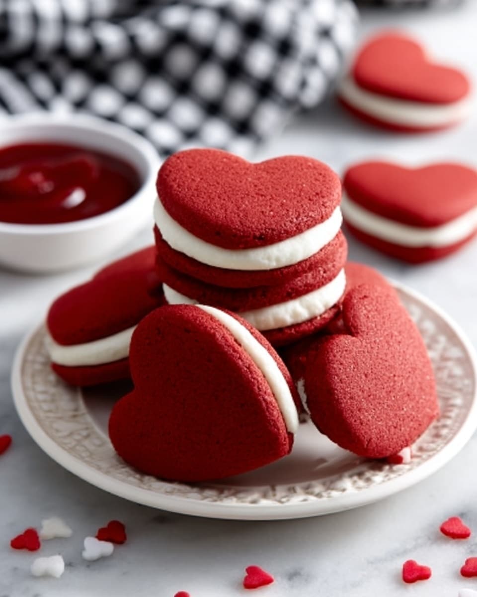 The image shows a white patterned plate with a stack of red heart-shaped sandwich cookies. There are six cookies in total, each with two smooth, bright red layers on the top and bottom and a thick middle layer of creamy white filling. The plate sits on a white marbled surface. Small red heart-shaped sprinkles are scattered around the plate, adding to the sweet theme. In the background, a white bowl filled with red sauce sits slightly blurred. The setting includes a black and white checkered cloth partly visible at the top left corner. photo taken with an iphone --ar 4:5 --v 7