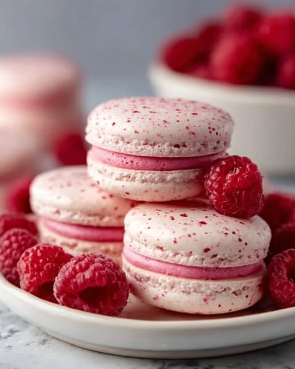 A close-up of three light pink macarons with dark pink filling, stacked on a white plate. The macarons have tiny red speckles on their smooth shells. Bright red raspberries are placed around the macarons on the plate. The background shows a blurred white marbled surface with some red shapes, possibly more raspberries. Photo taken with an iphone --ar 4:5 --v 7