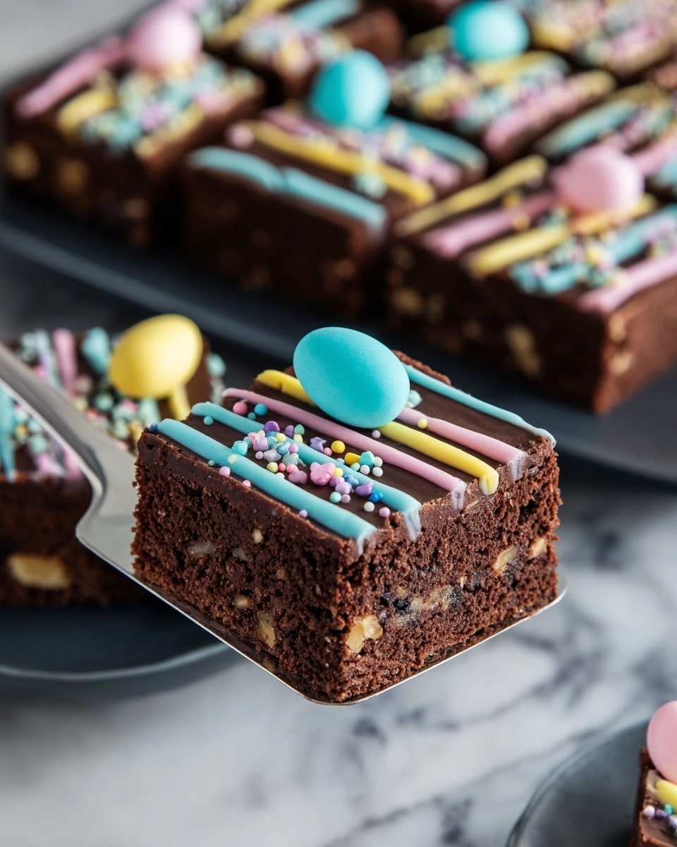 A close-up of a square piece of chocolate brownie with three visible layers: a dark brown thick base with a dense texture and small nut pieces spread inside, a smooth dark chocolate ganache layer on top, and colorful pastel icing stripes in blue, pink, and yellow drizzled over the ganache. The brownie is decorated with a small pastel blue candy egg placed slightly off-center on the top layer, surrounded by tiny multicolored round sprinkles that add texture and color contrast. Multiple similar brownie pieces are arranged in the background on a white plate on a white marbled surface, with a metal spatula holding the front piece. The image is bright with a soft focus on the background. photo taken with an iphone --ar 4:5 --v 7